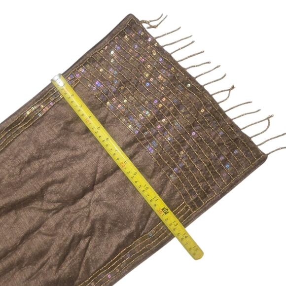 Decorative Chocolate Brown Silk Top Table Runner Beaded Fringe Sequins 70 x 14 - Picture 3 of 7